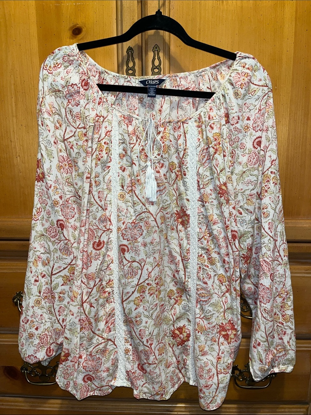 Chaps Denim Boho Paisley Floral Peasant Blouse Top Lace Trim Tassel Tie
